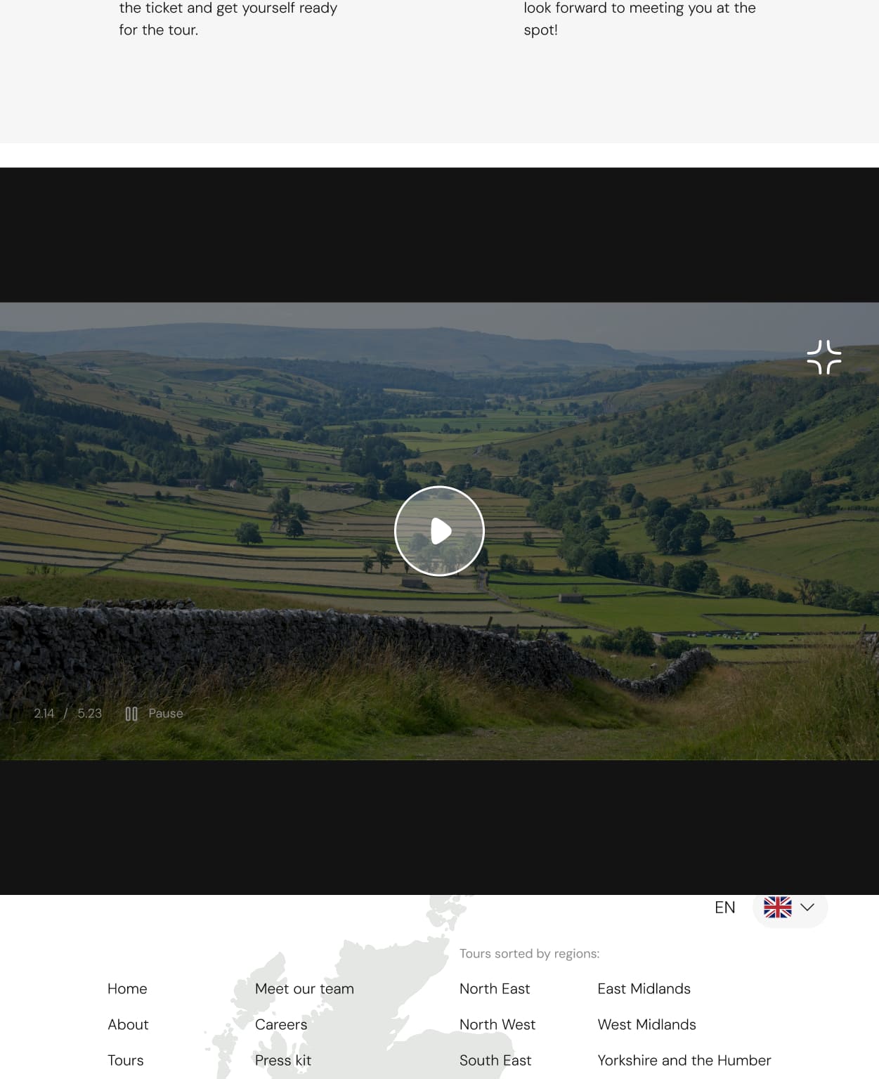 Homepage of a tour service site featuring hiking trails in England - video presentation section, tablet breakpoint. The video is paused, the player view is expanded to cover up most of the screen.